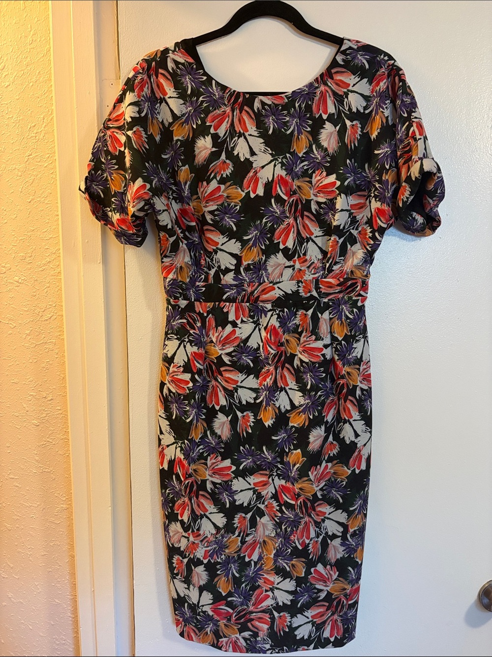 Alexia Admor Black Floral Midi Dress with Red, Purple & Orange Accents